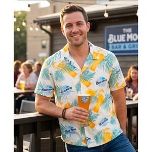 Blue Moon Beer Tropical Palm Tree Camp Shirt Mens Large White Hybrid Apparel New